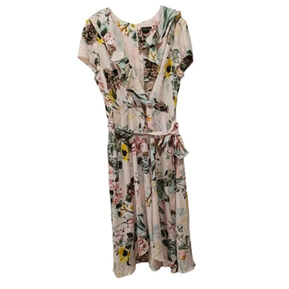 New DN Design Floral Print Dress with Ruffle Surplice Collar Size 16 - Picture 1 of 5